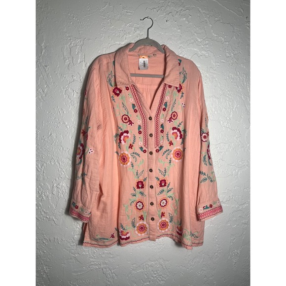 Soft Surroundings Tops - Soft Surroundings Altura Tunic 3X Coral Floral Embroidered Gauze Boho Blouse